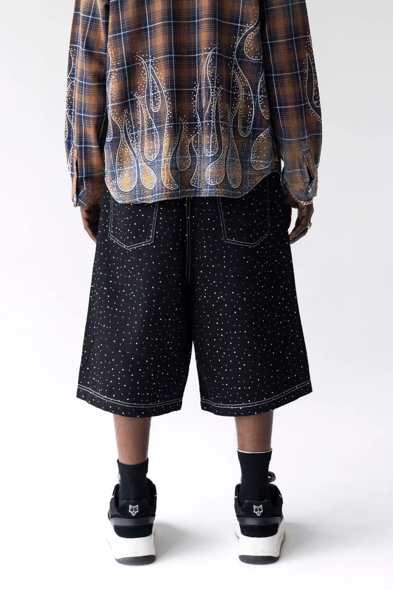 BLACK ISLAND
Crystal Stud Denim Capri Shorts | Black Island