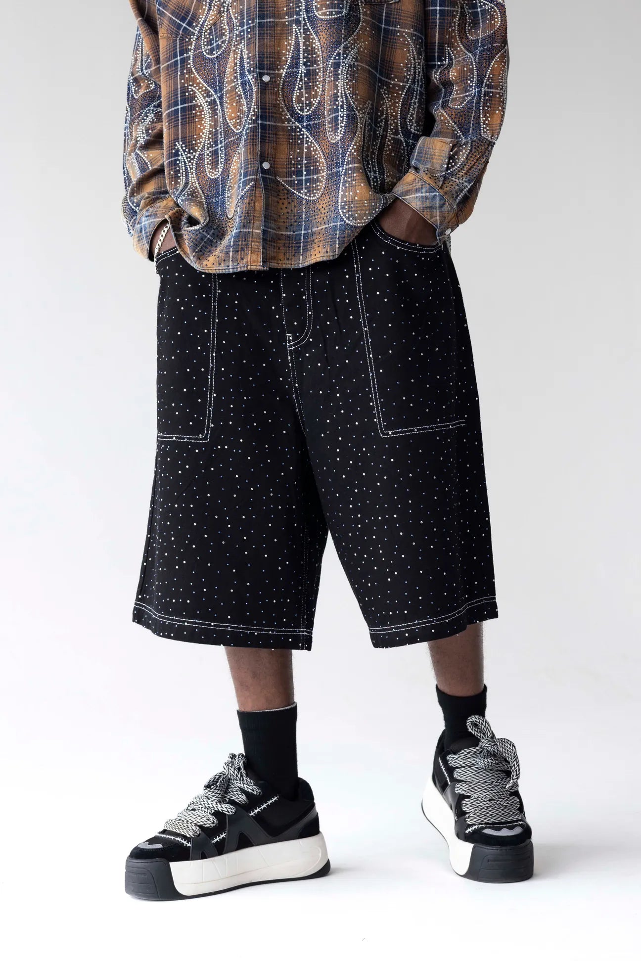 BLACK ISLAND
Crystal Stud Denim Capri Shorts | Black Island